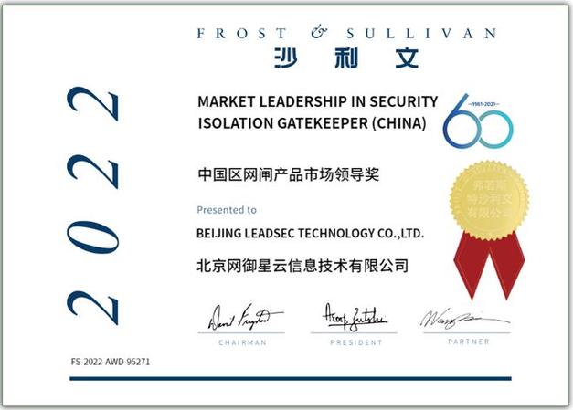 沙利文授予北京网御星云信息技术2022年度中国区网闸产品市场